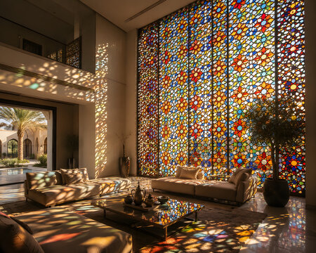 Modern House Interior With Colorful Stained Glass Mashrabiya Screen
