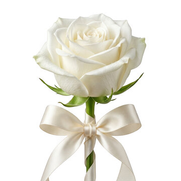 White rose with ivory ribbon bouquet isolated on a transparent background petals