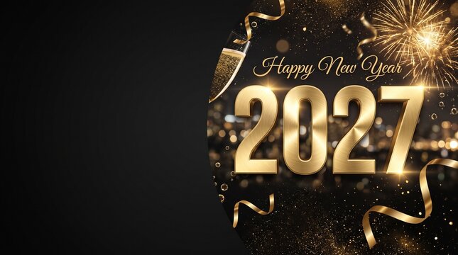 Happy New Year 2027 gold text banner with fireworks and festive confetti on black background