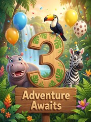 Naklejka premium 3rd Birthday Adventure Theme with Safari Animals