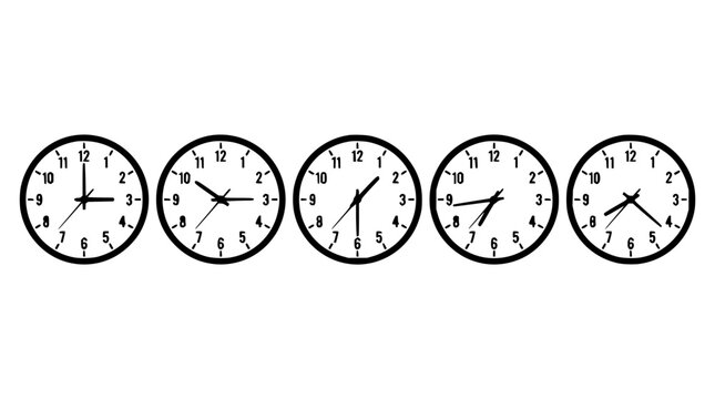 Series of five analog clocks in linear arrangement with vintage faces and roman numerals with gold and black hands