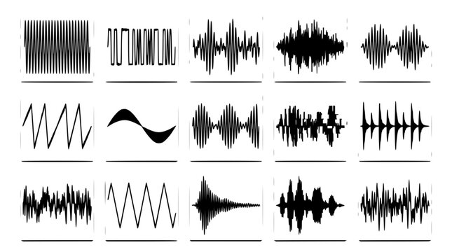 Sound wave patterns set with abstract audio spectrums featuring waveforms, frequencies, and decibel levels with gradient colors and clean lines