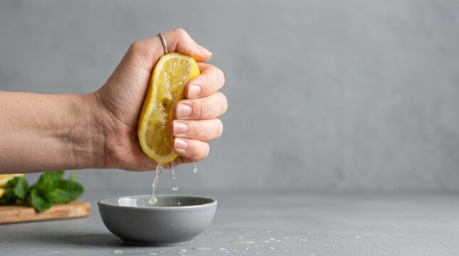 Close Up of Hand Squeezing Fresh Lemon Juice into Bowl During Food Preparation