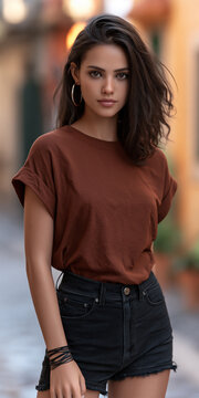 young woman with curly brown hair in a city alley, stylish brunette woman wearing casual clothes and silver hoop earrings, attractive young brunette standing outdoors in an urban setting