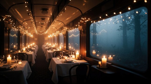 Cozy dining car inside luxury train with warm candlelight, fairy lights. Elegant restaurant tables set for dinner meal. View through window shows misty forest at night. Intimate atmosphere for