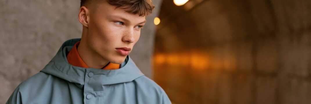 Young male portrait in raincoat three quarter profile with warm tunnel bokeh for fashion background and banner layout