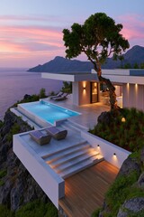 Fototapeta premium Minimalist luxury cliffside home with infinity pool and decking at dusk for serene wallpaper and background design