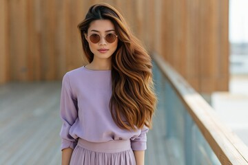 Fototapeta premium Stylish woman in lilac sweater and sunglasses on wooden balcony with ocean view for fashion portrait and lifestyle background design