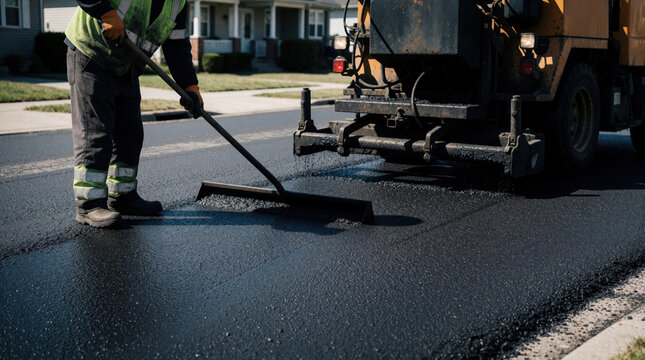 Road worker uses rake smoothing hot asphalt slurry seal on suburban street. Worker wears hi vis vest, work pants, boots. Paving machine applies new pavement surface.