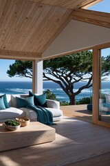 Fototapeta premium Bright coastal wooden lounge with ocean view framed by pine tree for vacation rental background and interior design