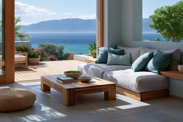Fototapeta premium Coastal lounge terrace with sea view, low wooden coffee table and plush cushions for summer resort interior background and relaxation design