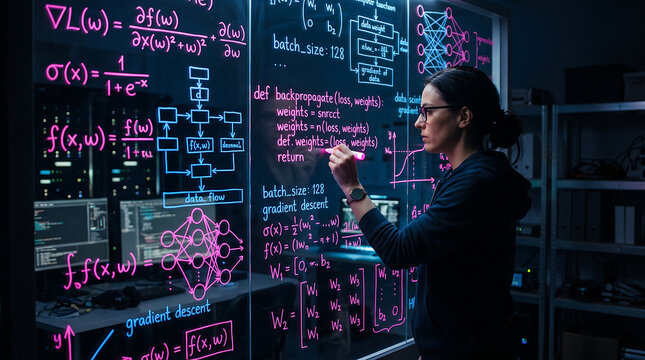 Focused female AI engineer writing deep learning neural network algorithms on a glass blackboard in server room