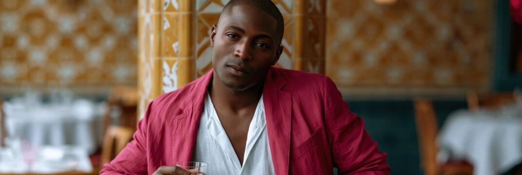 Stylish professional portrait of man in pink blazer holding drink in restaurant for lifestyle banner and hospitality background