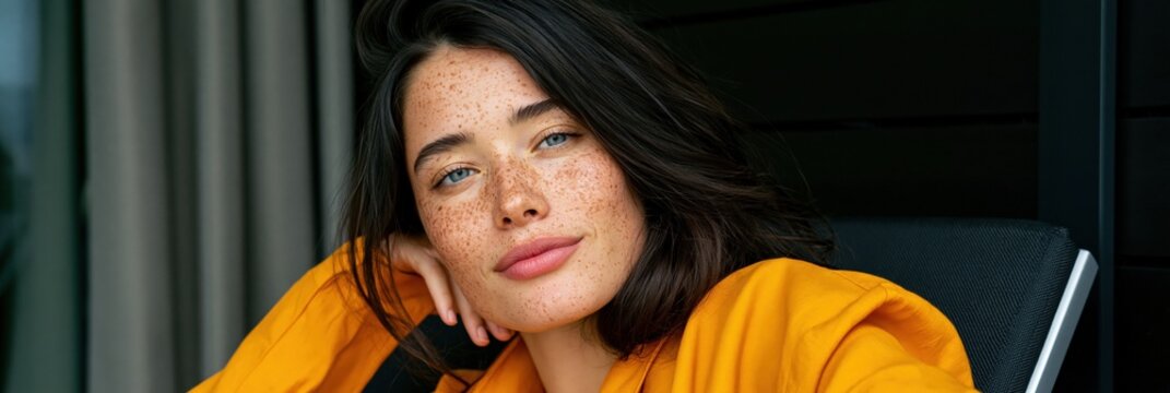 Relaxed freckled woman leaning on hand in yellow robe for lifestyle background and wellness banner design