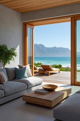 Fototapeta premium Contemporary coastal lounge with mountain and ocean view and wooden terrace for summer vacation background and interior design