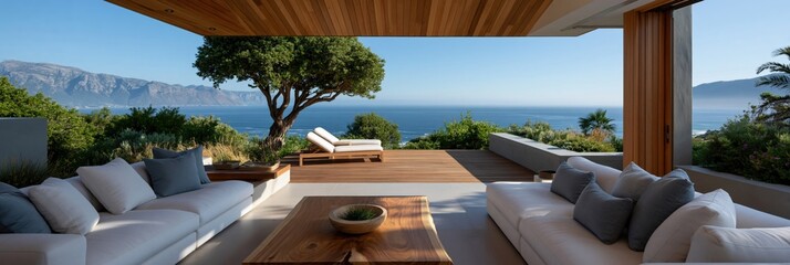 Fototapeta premium Luxury open terrace living room with ocean view and palm trees for coastal background and modern interior design wallpaper for resort and villa branding