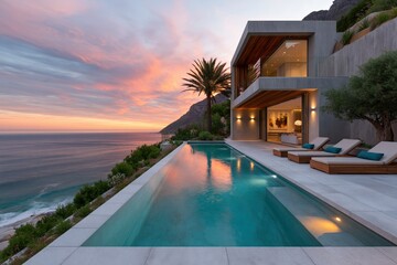 Fototapeta premium Contemporary luxury seaside villa with infinity pool overlooking the ocean at sunset for travel banner and wallpaper use