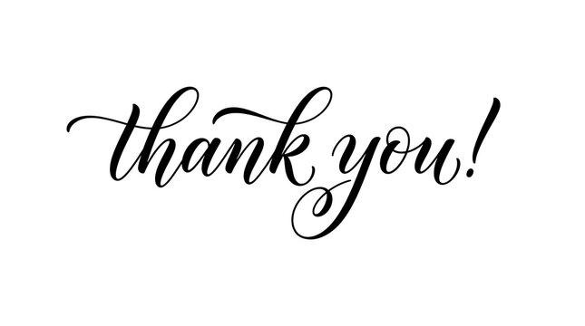 Elegant black calligraphy saying thank you on a white background for appreciation cards and positive communication concepts