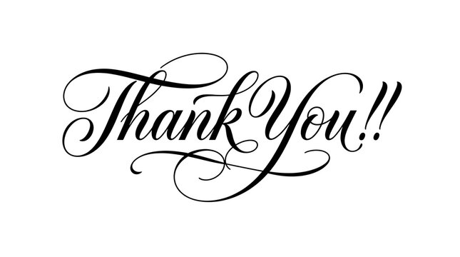 Elegant calligraphy writing saying thank you with ornate flourishes and swirls on a white background for gratitude and appreciation concepts
