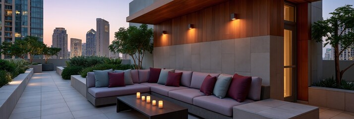 Fototapeta premium Urban rooftop patio with corner modular sofa and candlelit coffee table for evening background and hospitality design