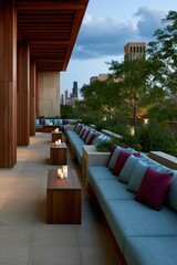 Fototapeta premium Long modern rooftop terrace seating with teal and burgundy cushions and spaced wooden tables with candles for hospitality background and urban lounge design