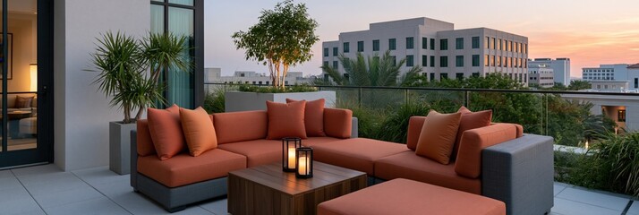 Fototapeta premium Modern rooftop terrace outdoor lounge with l shaped sectional and orange cushions for patio background and banner design