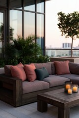Fototapeta premium Contemporary balcony seating background with gray wood sofa and blush cushions plus low wood coffee table with candles for relaxing outdoor design