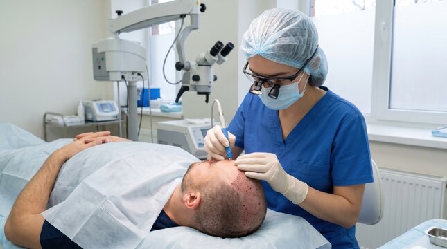 Trichologist surgeon performing hair transplant procedure on male patient in modern medical clinic. Concept of trichology, hair restoration, scalp treatment. Copy space.