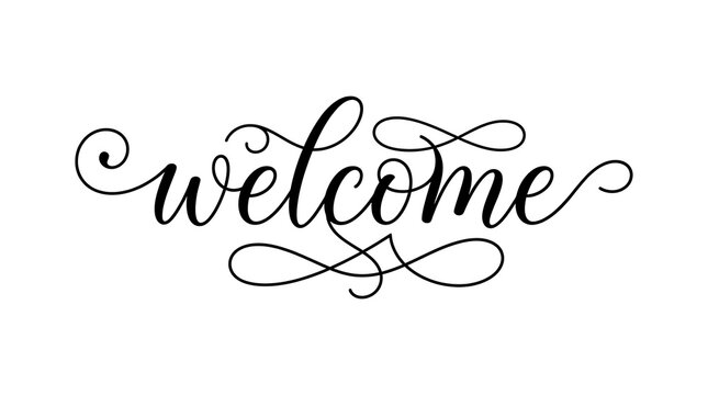 Elegant welcome calligraphy script on a white background offering a warm greeting and inviting atmosphere for hospitality and events