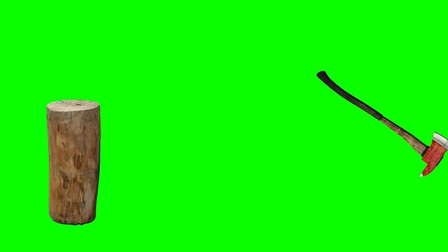 axe and wood log to chop lumberjack tool. on green screen.