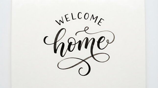 Elegant welcome home calligraphy lettering on white paper with decorative flourishes creating a warm and inviting atmosphere for interior design