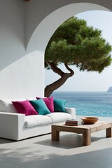 Fototapeta premium Bright coastal archway with white sofa wooden table and sculptural tree for summer resort background and outdoor living banner design