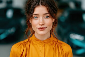 Obraz premium Closeup portrait of young woman in orange blouse with soft smile and shallow depth of field for headshot background and lifestyle banner