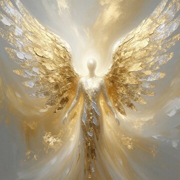 Abstract angel figure with large textured gold and silver wings emits bright light. Ethereal being appears in soft flowing robes against a pale abstract background.