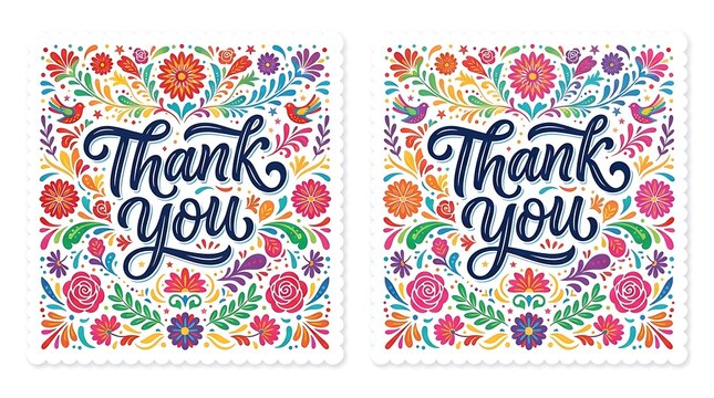 Two ornate square stickers featuring handlettered thank you messages surrounded by colorful floral folk art designs and scalloped edges