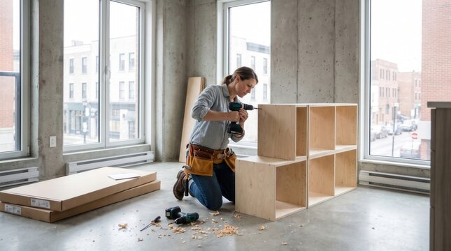 Woman Assembling Wooden Furniture with Electric Screwdriver in Apartment. Concept of furniture assembly, woman carpenter, cordless drill, diy home, flat pack. Copy space.