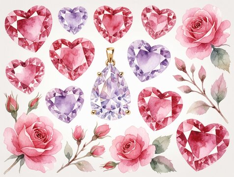 Watercolor floral and gemstone heart collection. Pink roses and purple amethyst gems create romantic design elements. Jewelry and botanical art for elegant invitations and crafts.