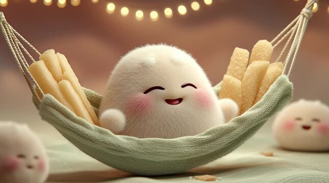 Cute fluffy 3D chibi dumpling character relaxing in hammock with french fries snacks in cozy room