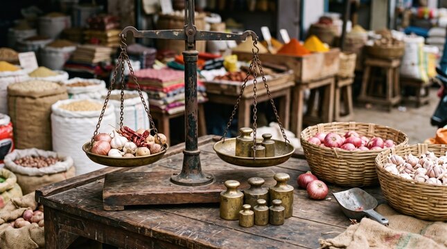 Old-fashioned balance scale weighing onions and chilies against brass weights at a bustling market stall with produce and spices.