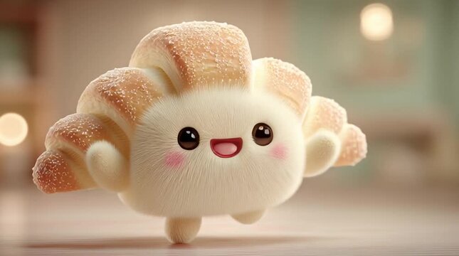 Cute 3D chibi croissant character mascot running happily in a cozy bakery kitchen