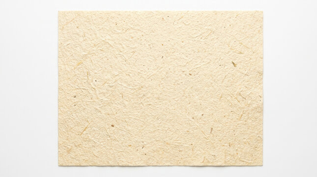 Textured handmade paper lies flat against a white background displaying a fibrous surface texture cellulose pulp sheet craft material stationery writing drawing beige cream offwhite
