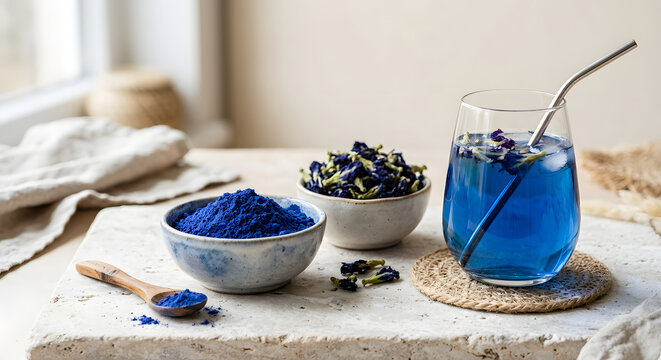 Nat&uuml;rliches blaues Farbpulver aus Schmetterlingserbse