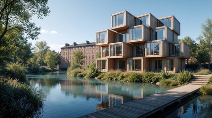 Fototapeta premium Modern modular wooden building with glass walls sits by river. Stacks of boxes create unique housing. Greenery surrounds property, with calm water and blue sky overhead.