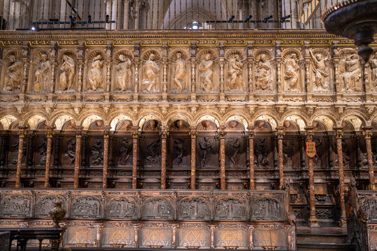 Primatial Metropolitan Cathedral of Saint Mary of the Assumption Interior With Ornate Carvings and Chairs Toledo Spain.