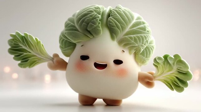 Happy 3D chibi cabbage or bok choy vegetable character mascot holding green leaves