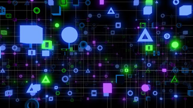Abstract network looping background. Fly-through matrix of pulsing glowing connected spheres, cubes, triangles. Data, technology concept.