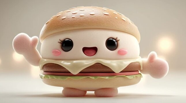 Cute 3D chibi burger character mascot smiling and waving hands fast food concept
