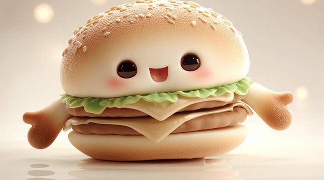 Cute 3D chibi cheeseburger character mascot jumping in the air fast food concept