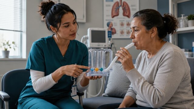 Nurse Helping Senior Patient Use Incentive Spirometer in Clinic. Concept of respiratory therapy, breathing exercise.