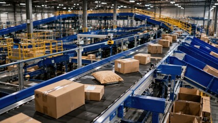 Fototapeta premium Automated Warehouse Conveyor Belt System with Cardboard Boxes for Parcel Delivery and Logistics. Concept of automated sorting, package delivery.